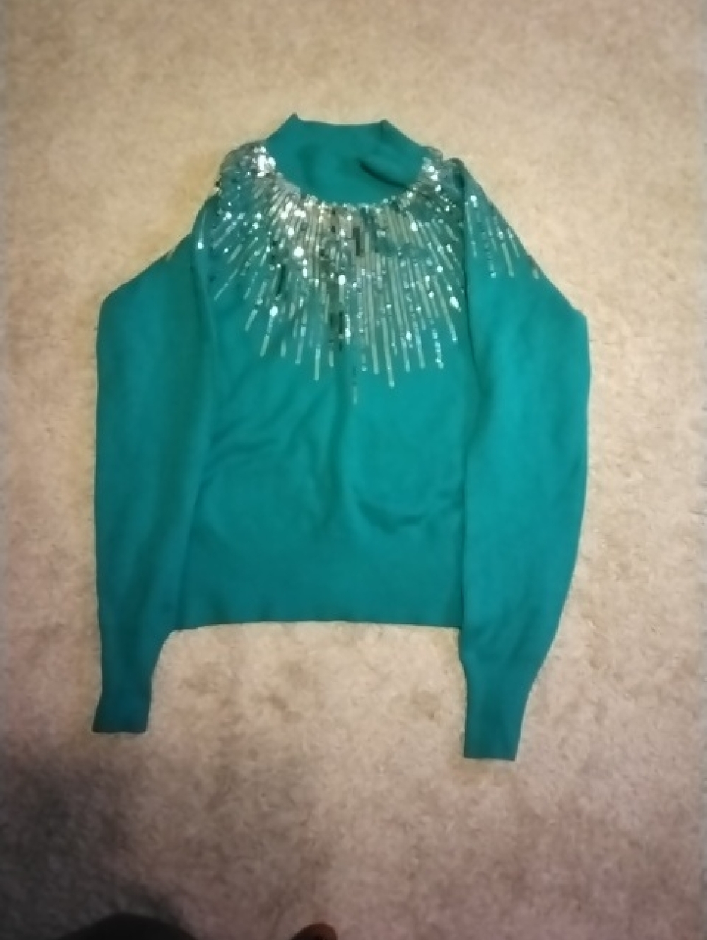 envy Teal Turtleneck Sweater with Sequin Fringe